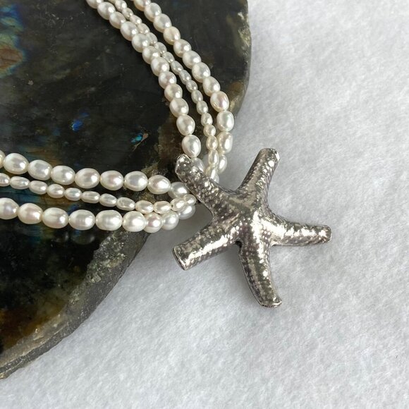 Sterling Silver 925 Layered Triple Strand Freshwater Pearl Starfish Necklace - Picture 6 of 16